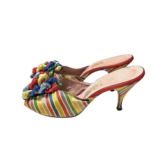 Vintage Schiaparelli Rainbow Satin Heels –1950s 60s Mules with Ribbon Rosette, - Picture 5 of 16
